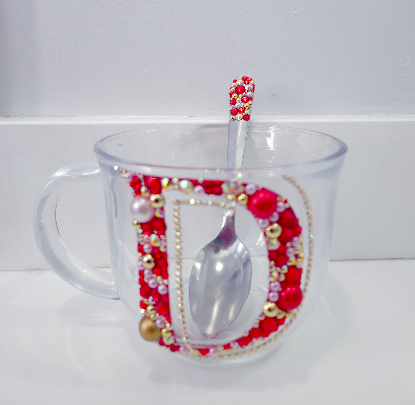 Blinged Initial Glass Mug Red