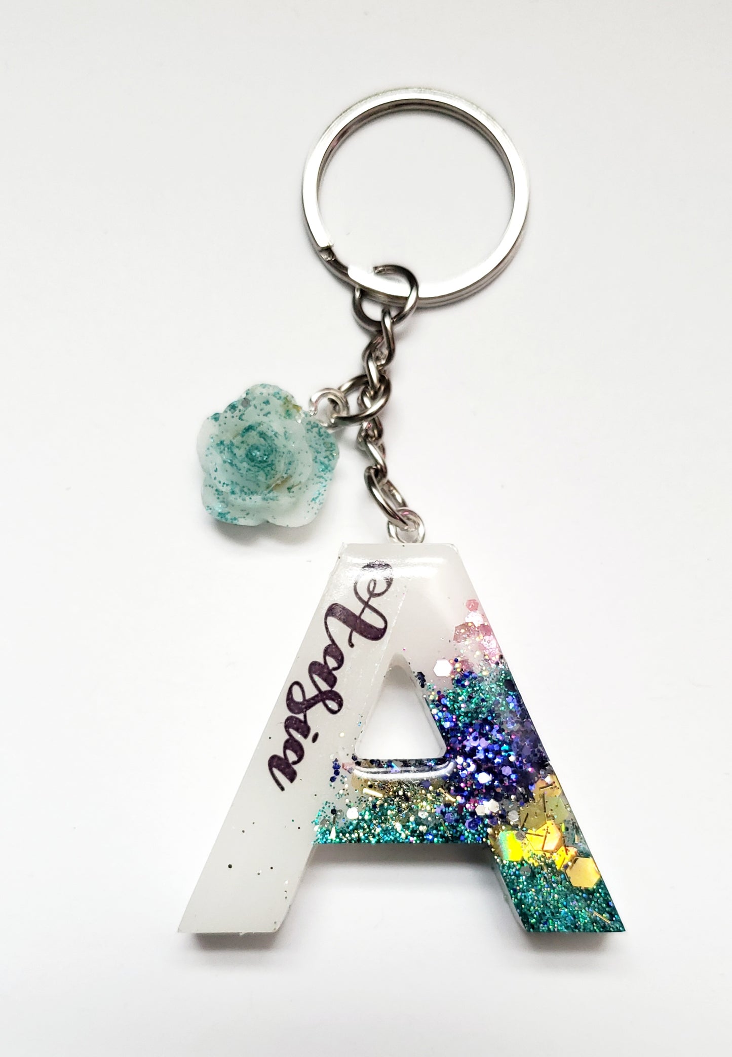 Letter Initial keychain white multi glitter mix