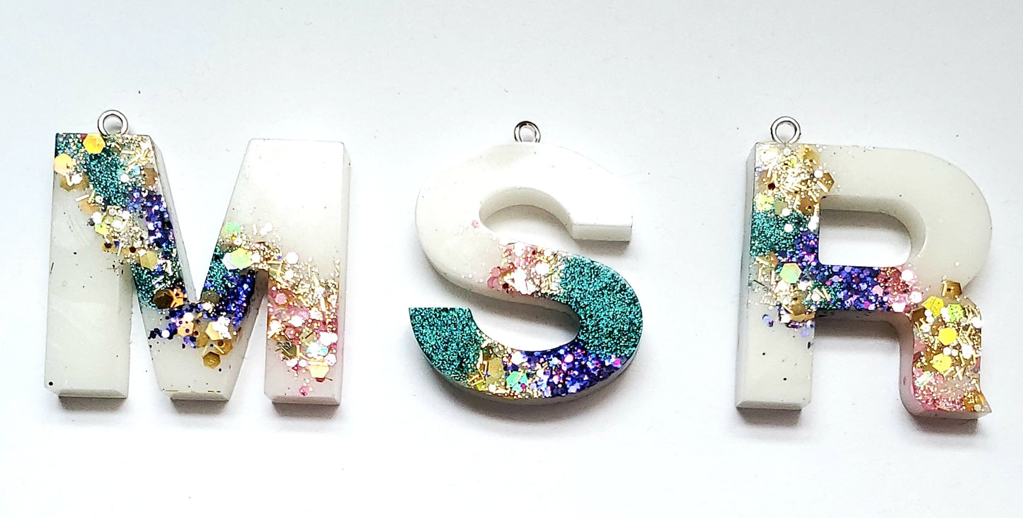 Letter Initial keychain white multi glitter mix