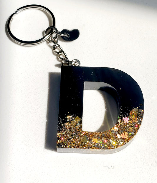 Letter Initial keychain Black with heavy Gold glitter
