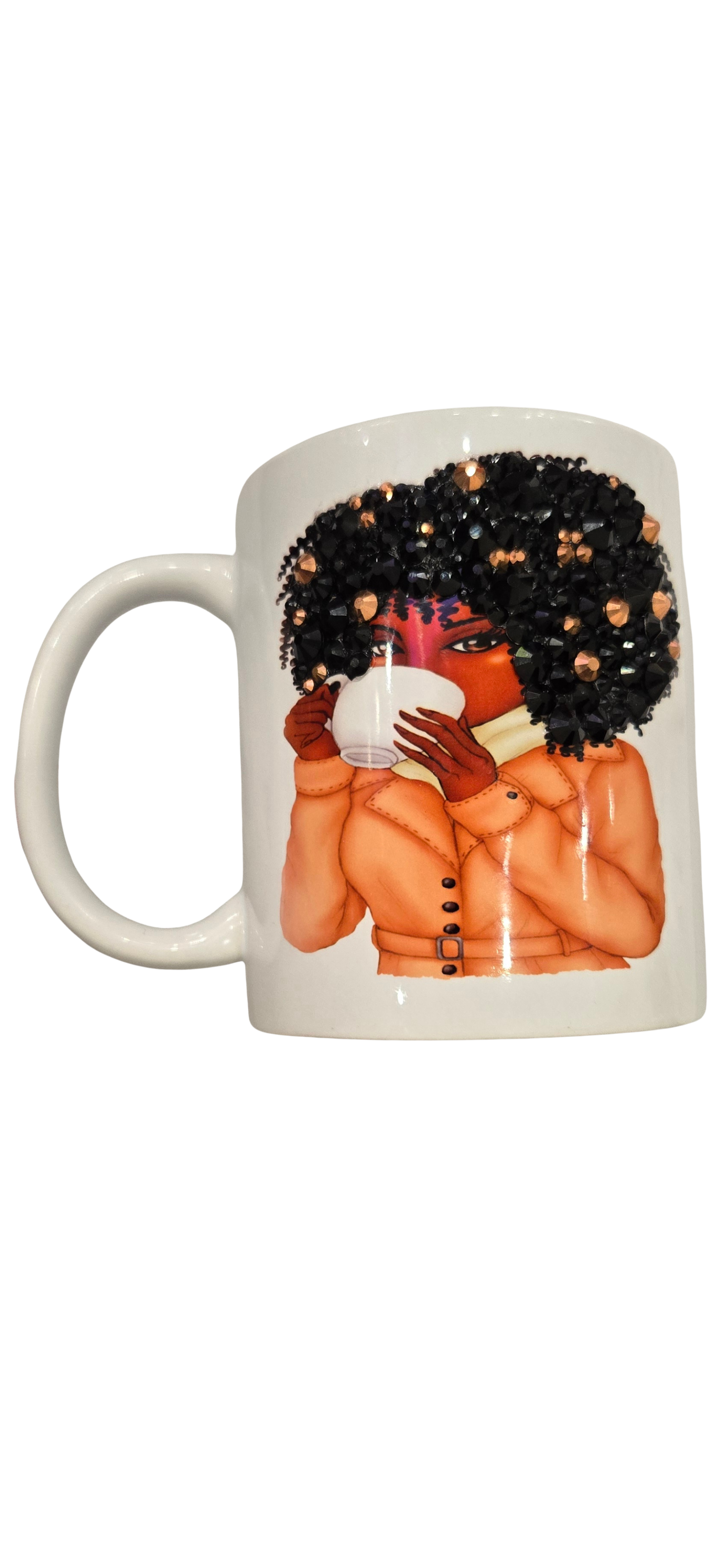 Blinged hair afro sipping mug