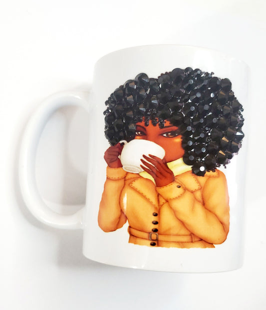 Blinged hair afro sipping mug