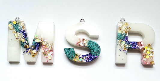 Letter Initial keychain white multi glitter mix