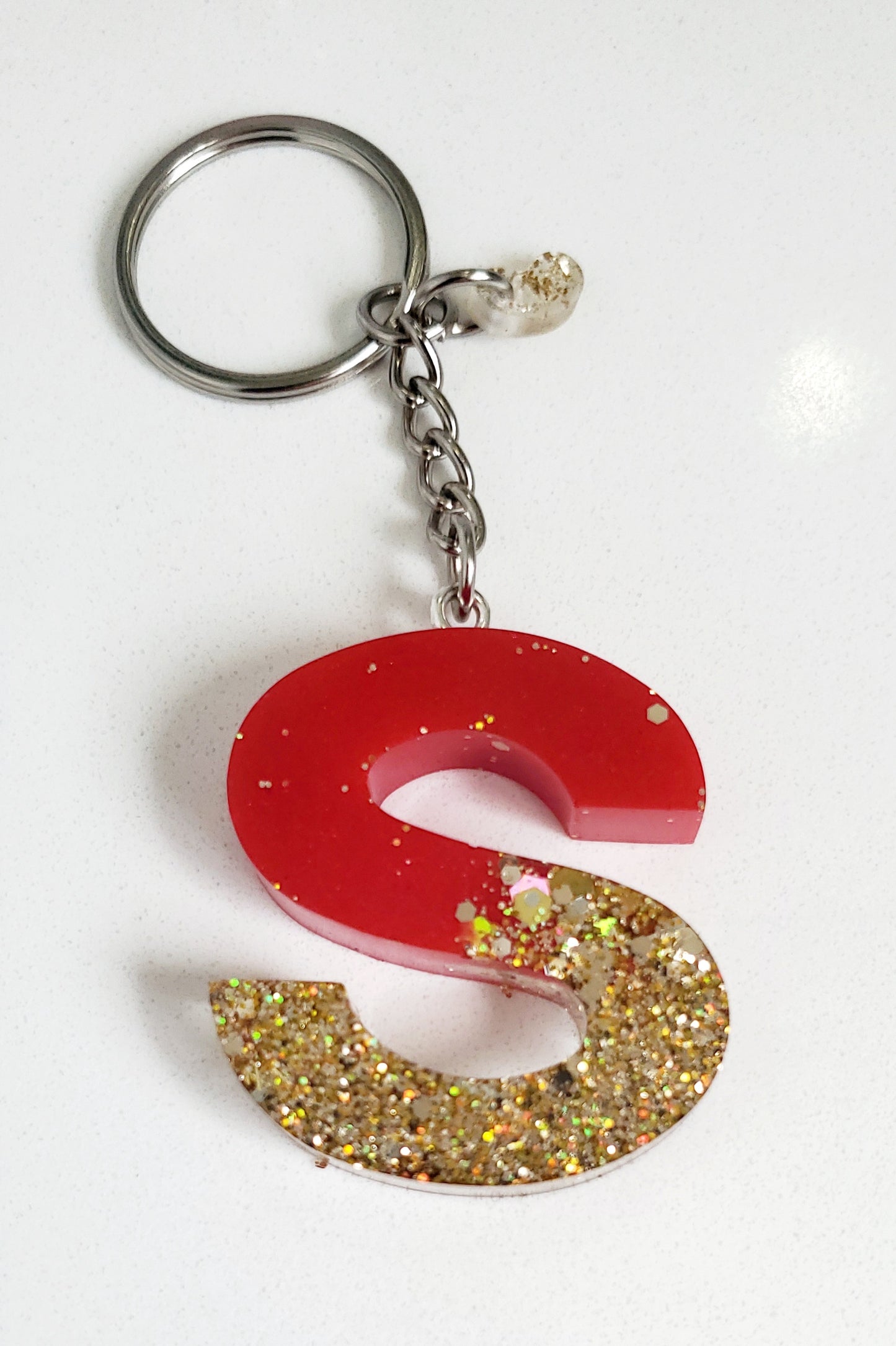 Letter Initial keychain red with heavy Gold glitter