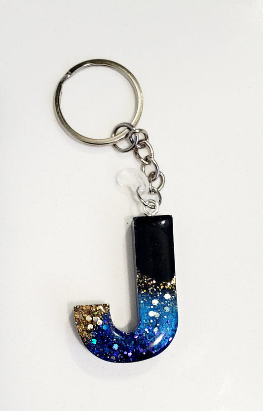 Letter Initial keychain Black multi glitter mix
