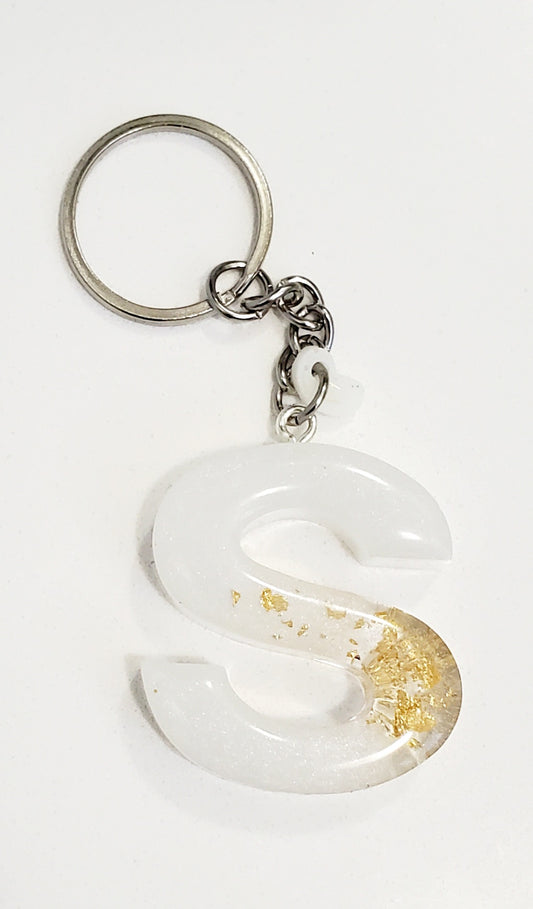 Letter Initial keychain white with gols foil