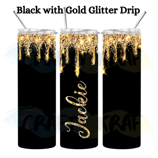 20oz. Skinny Tumbler - Gold glitter drip